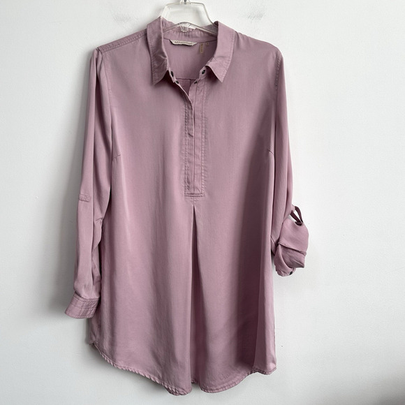 Soft Surroundings Tencel Tunic L Dusty Rose Roll Tab Sleeve Top Half Snap 2AC71 - Picture 1 of 8